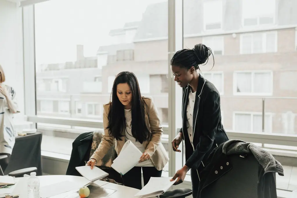 Two colleagues review printed documents together beside a bright office window