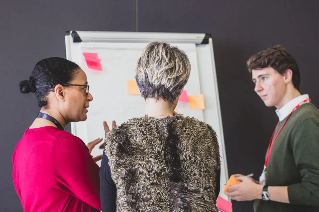 Three colleagues map out a problem on a whiteboard covered in sticky notes